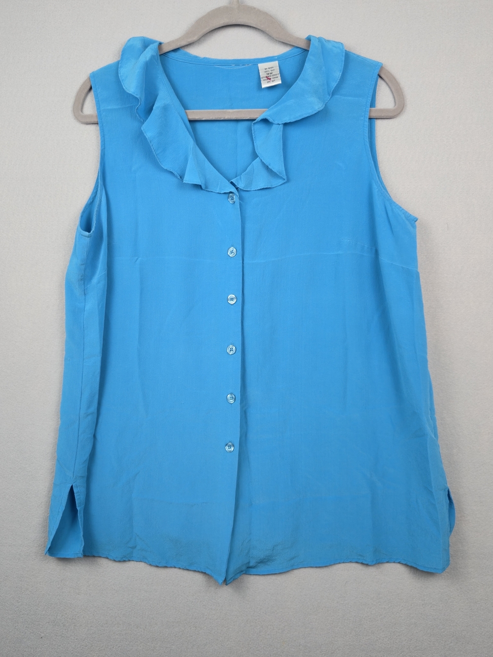 100% Silk Bright Blue Sleeveless Ruffle Collar Blouse - Size 18W